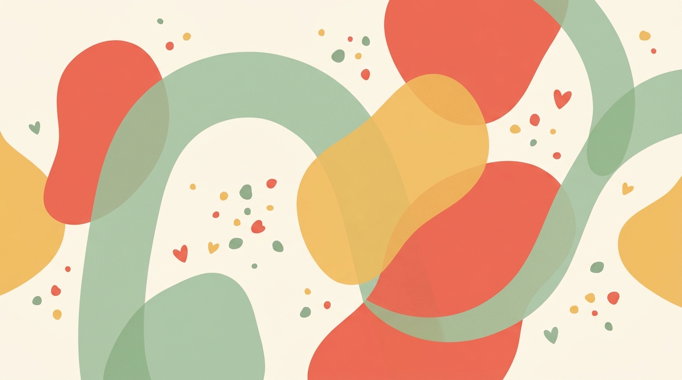 Warm abstract illustration of soft coral, sage and honey shapes with little hearts