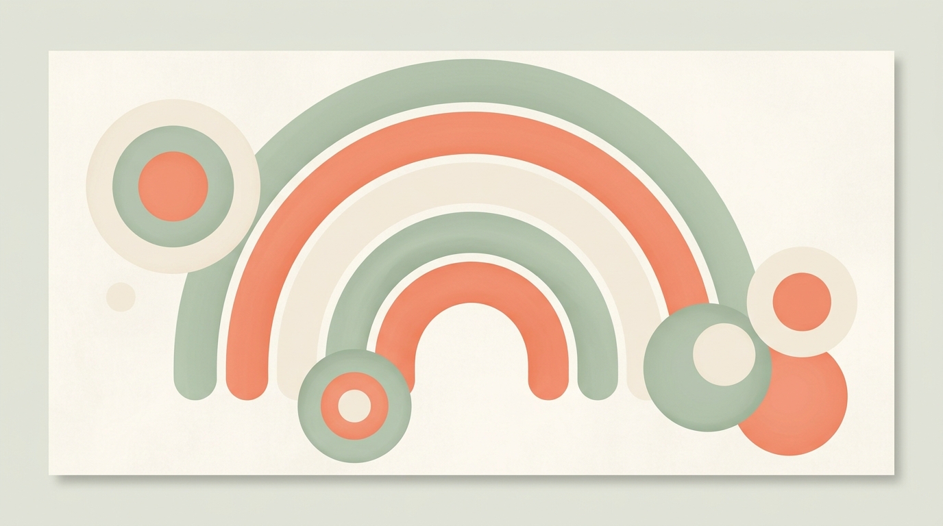 Soft abstract rainbow arcs and circles in sage and coral